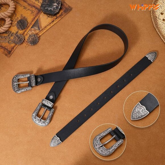 Western Leather Belt for Women Double Buckle Cowgirl Waist Accessory